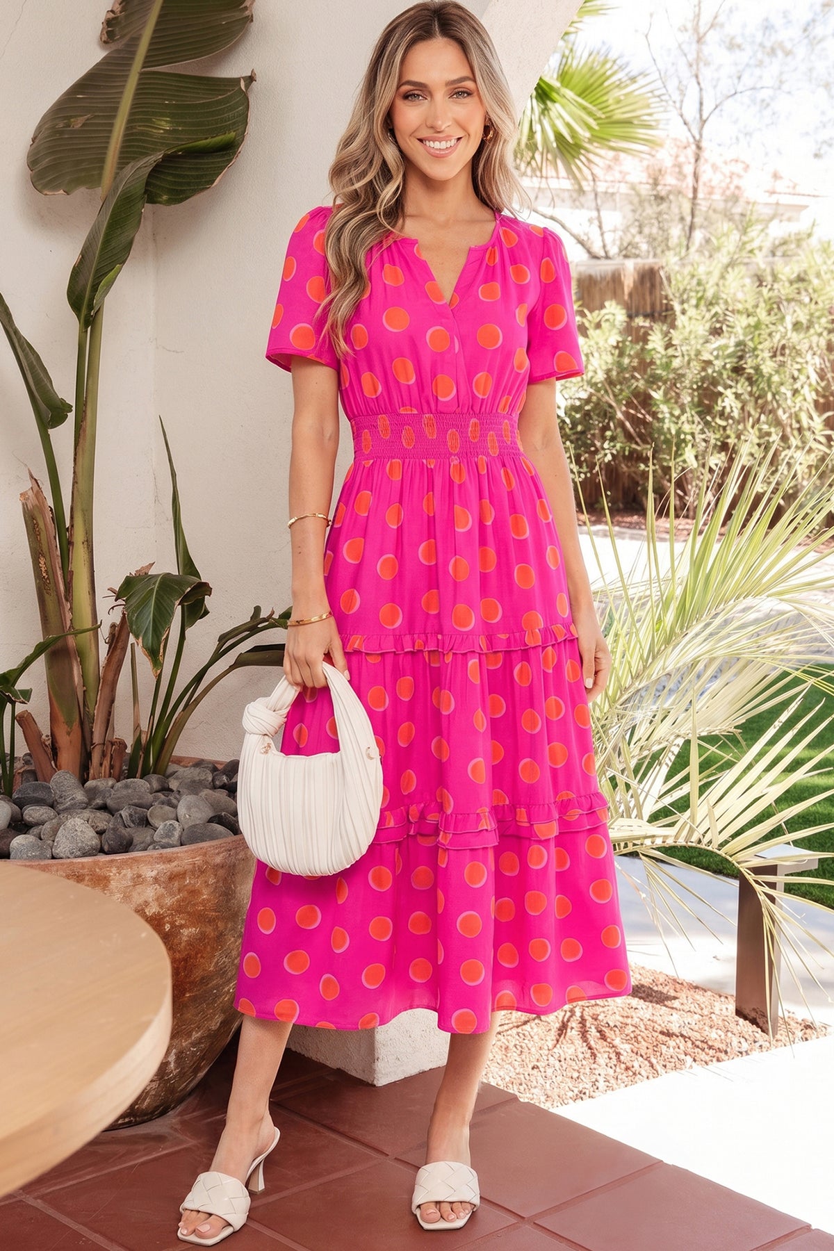 Rose Double Polka Dot Short Sleeve Shirred High Waist Midi Dress Main image