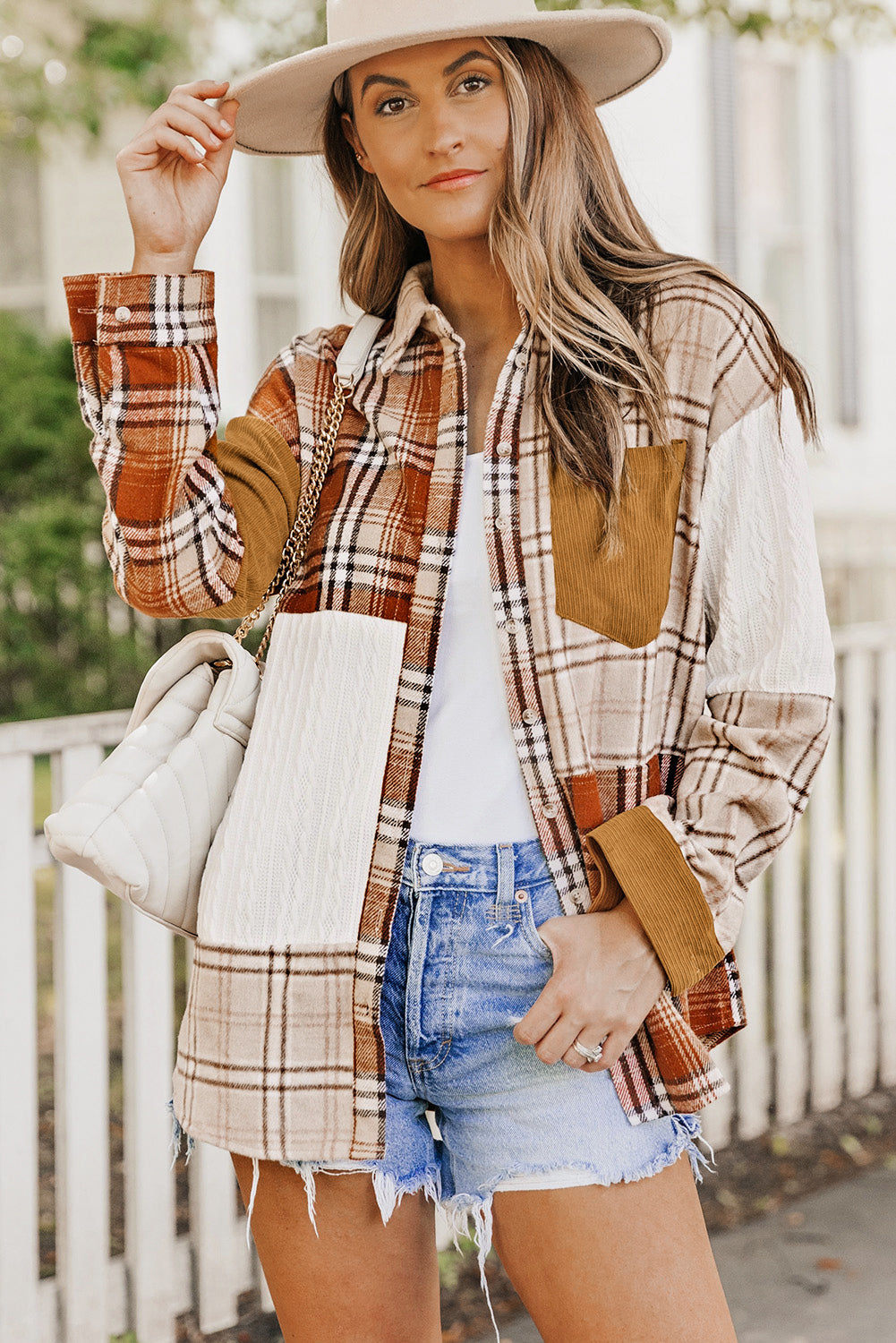 Orange Plaid Color Block Patchwork Shirt Jacket with Pocket Main image