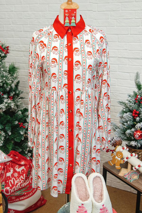White Father Christmas Contrast Collar Button Front Long Sleeve A-line Mini Dress