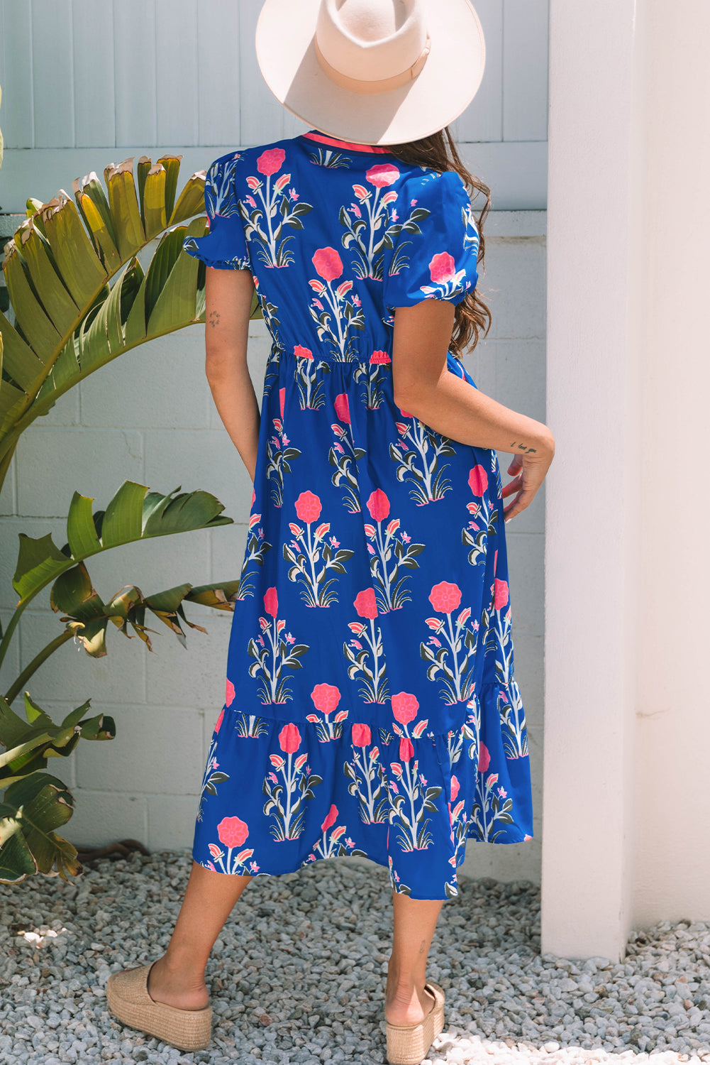 Sky Blue Floral Puff Short Sleeve V Neck High Waist Maxi Dress Secondary image