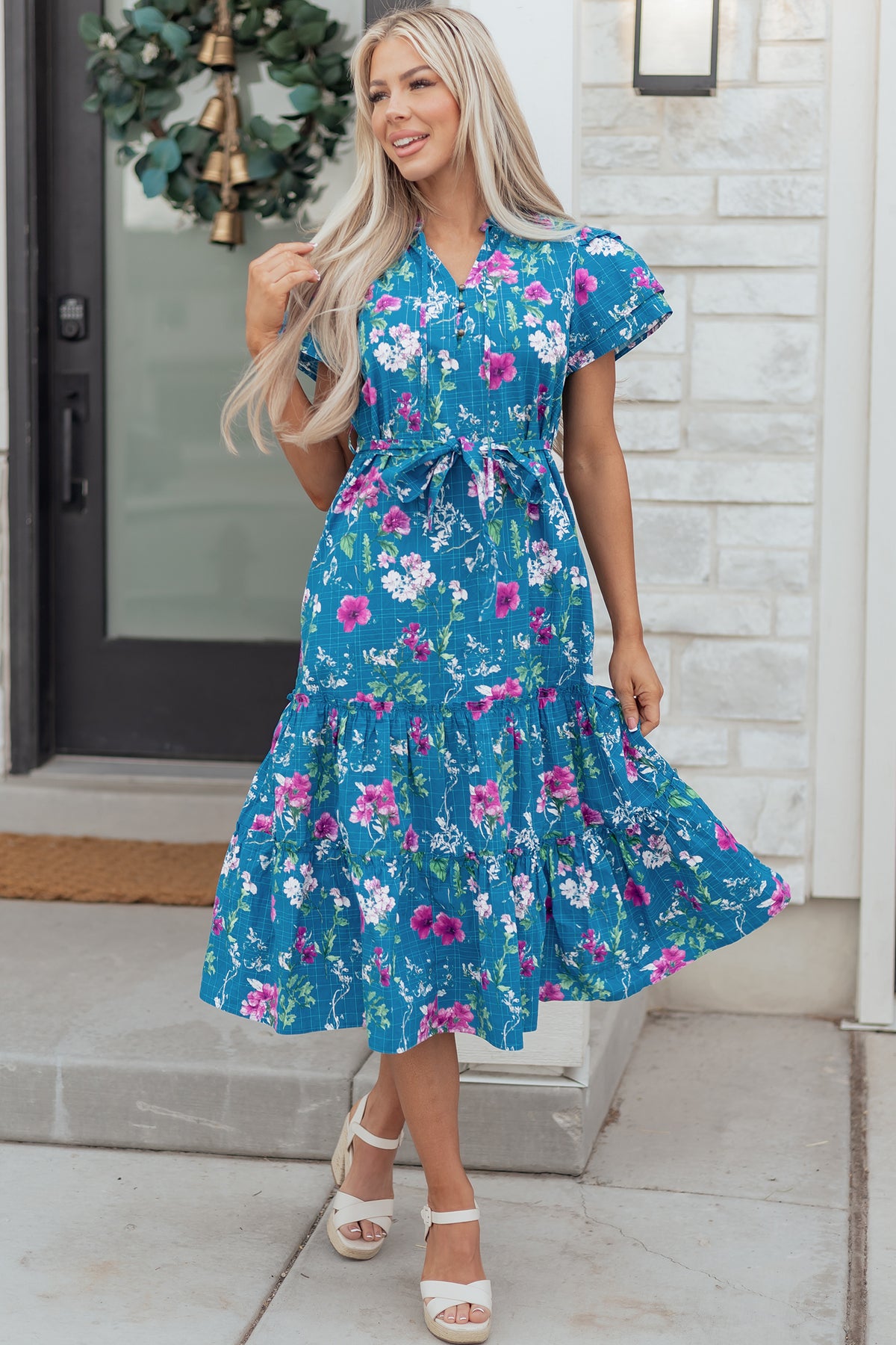 Blue 100% Cotton Floral Flutter Sleeve Button Tie Split Neck Belted Long Dress Main image