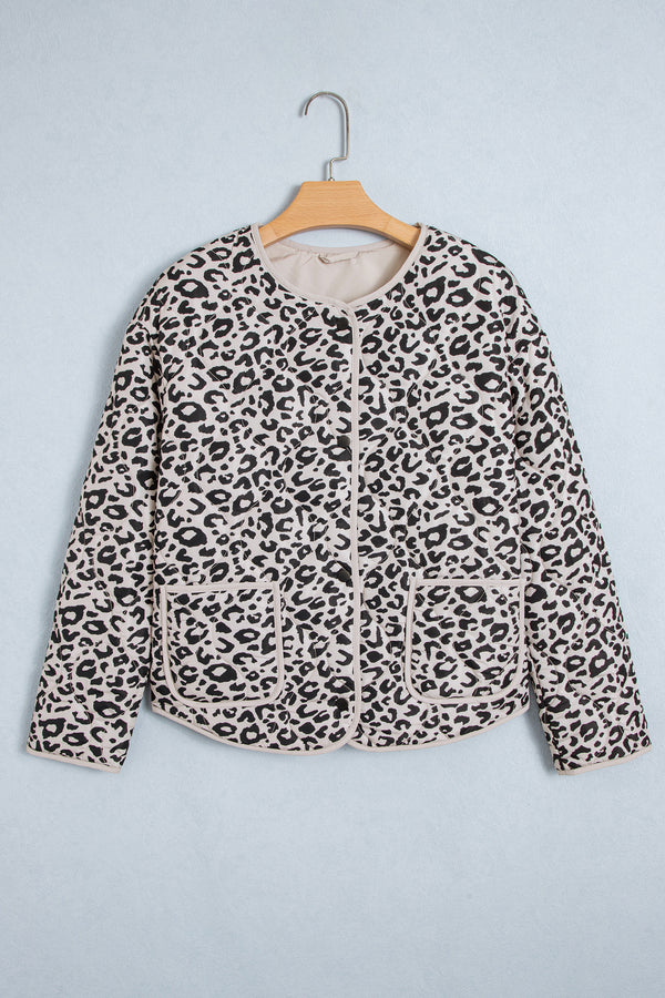 Khaki Leopard Print Patch Pockets Binding Tape Long Sleeve Regular Fit Jacket