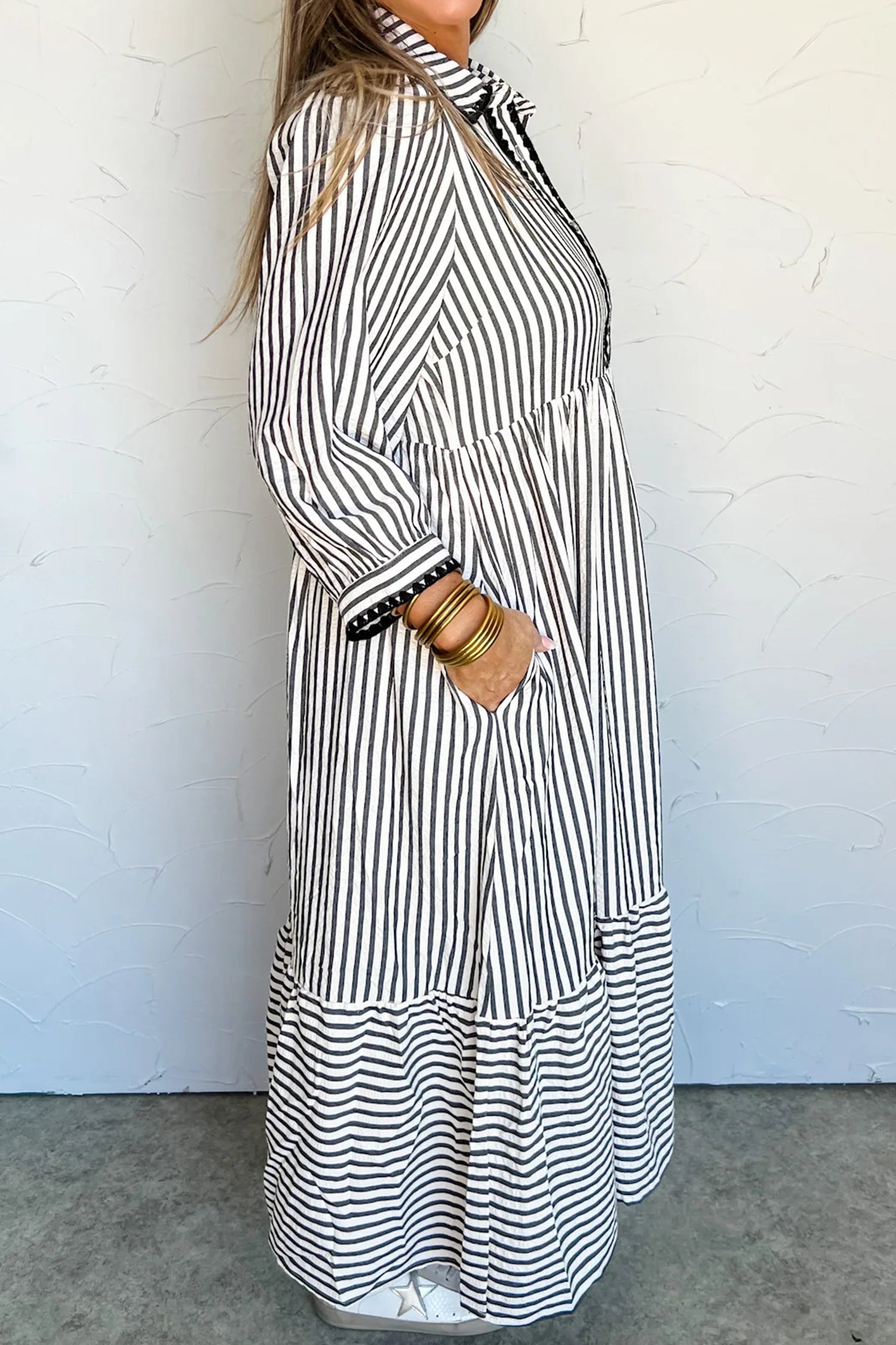 Black Stripe Scallop Trim Shirt Collar Half Button 3/4 Sleeve Long Dress Secondary image