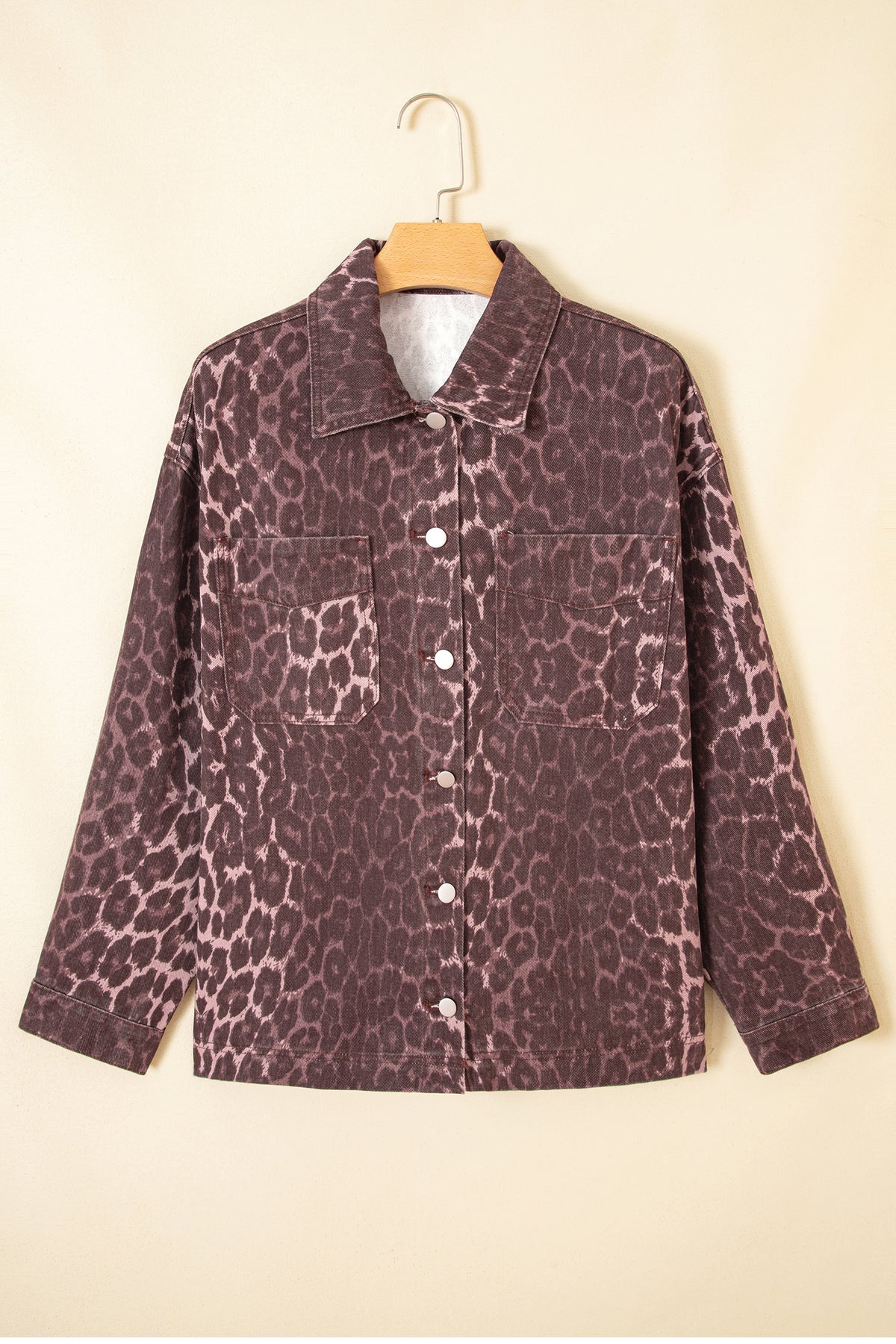 Khaki 100% Cotton Oversized Leopard Print Long Sleeve Patch Pocket Denim Jacket
