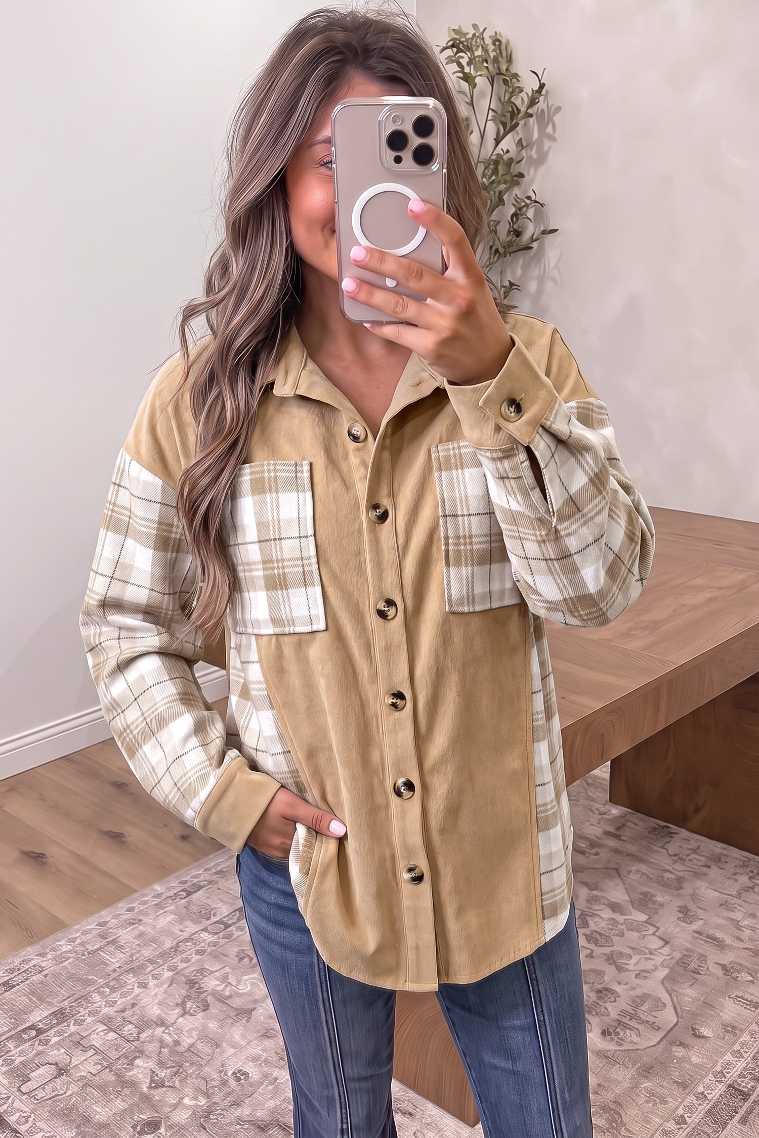 Light French Beige Plaid Colorblock Shirt Collar Shift Shacket Secondary image
