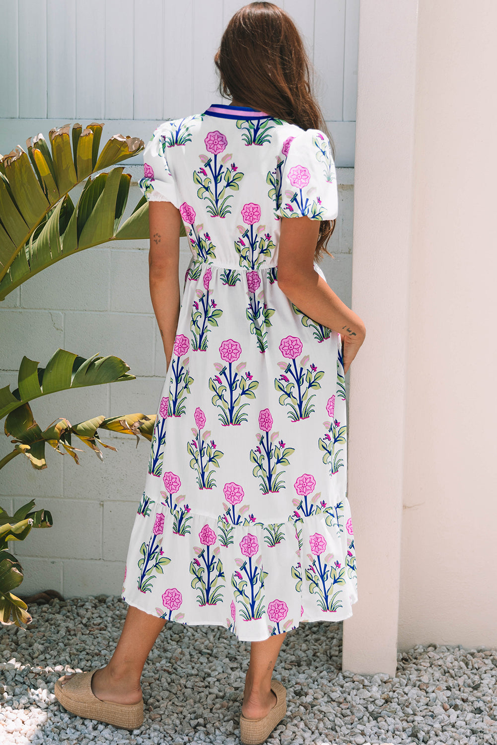 Sky Blue Floral Puff Short Sleeve V Neck High Waist Maxi Dress