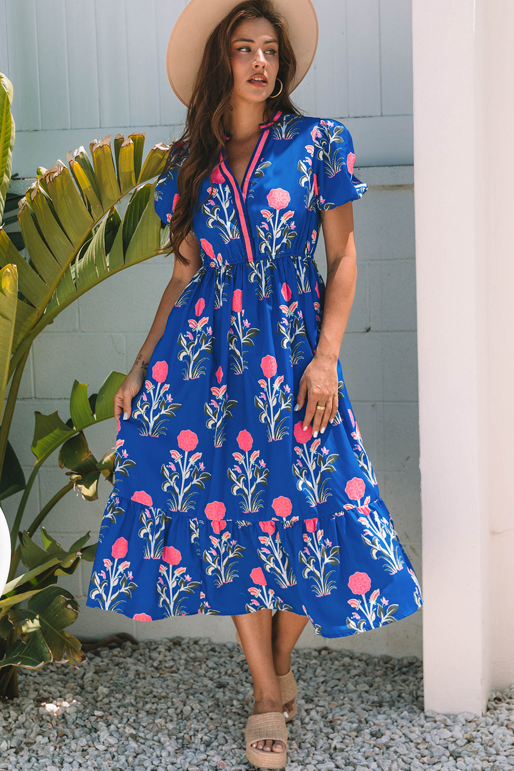 Sky Blue Floral Puff Short Sleeve V Neck High Waist Maxi Dress Main image