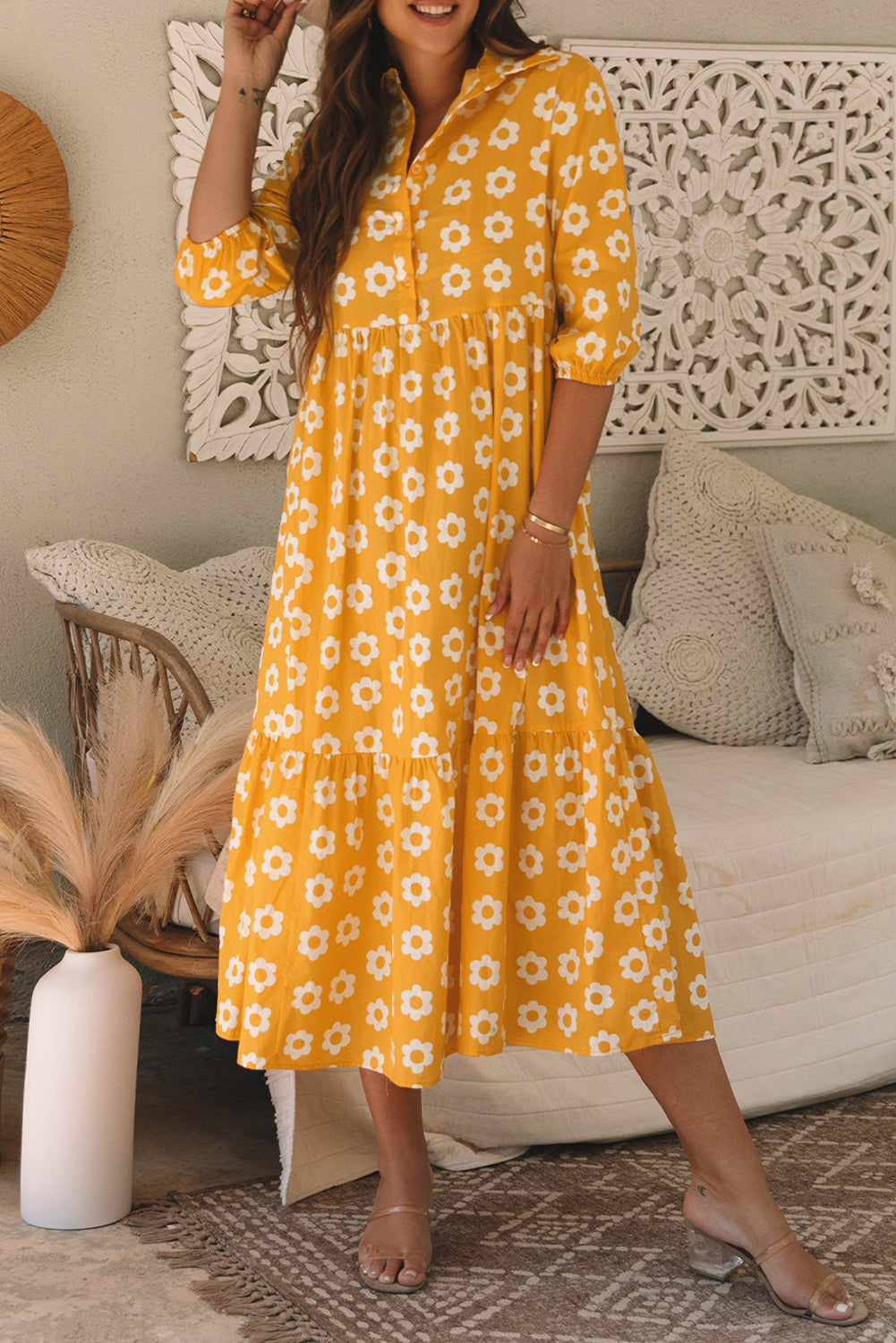 Yellow 100% Cotton Flower Print Bracelet Sleeve Buttons Collared Maxi Dress