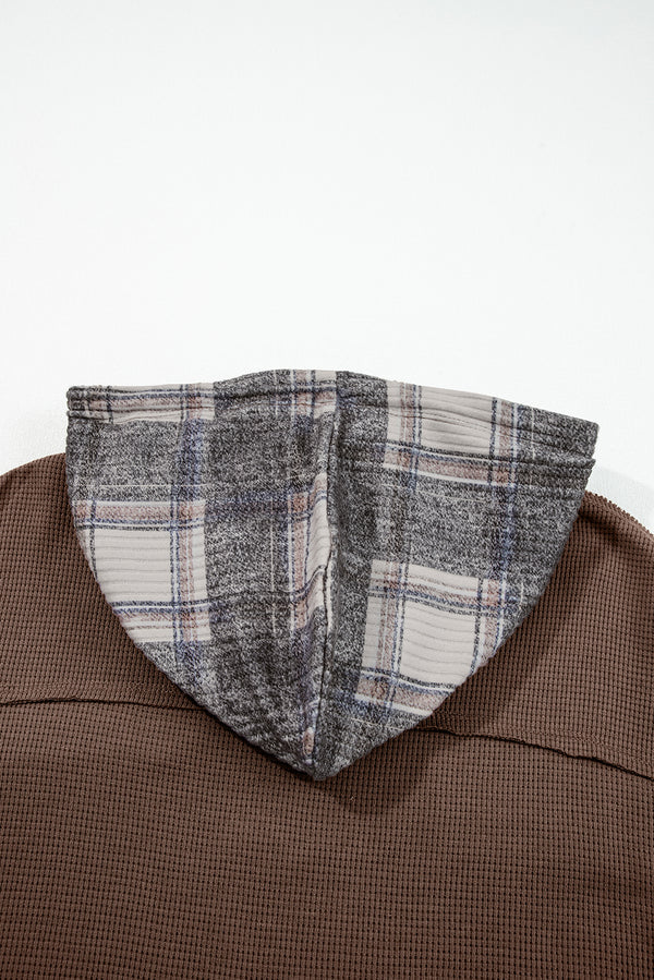 Brown Plaid Patchwork Button Down Drawstring Hooded Shacket