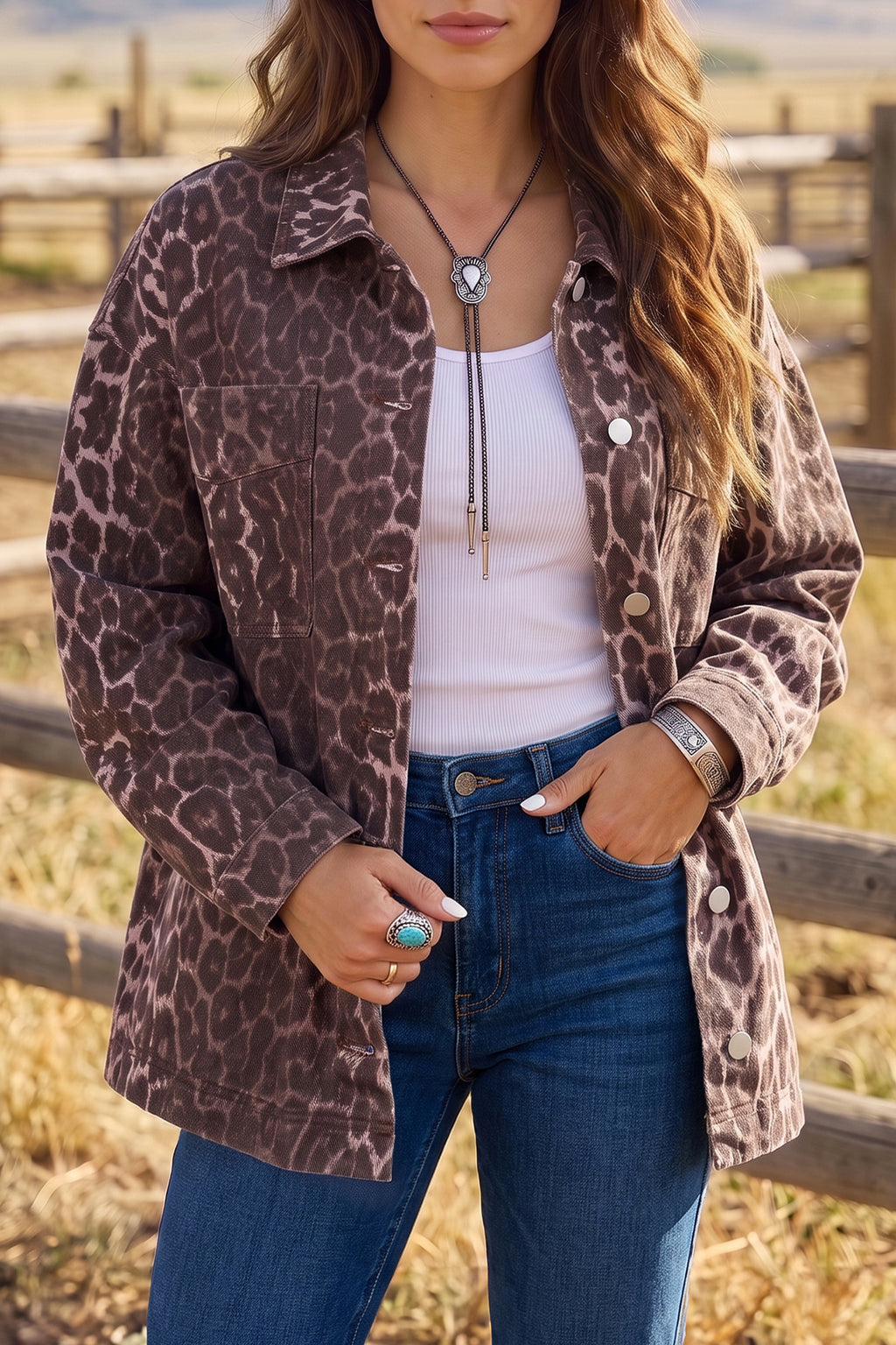 Khaki 100% Cotton Oversized Leopard Print Long Sleeve Patch Pocket Denim Jacket