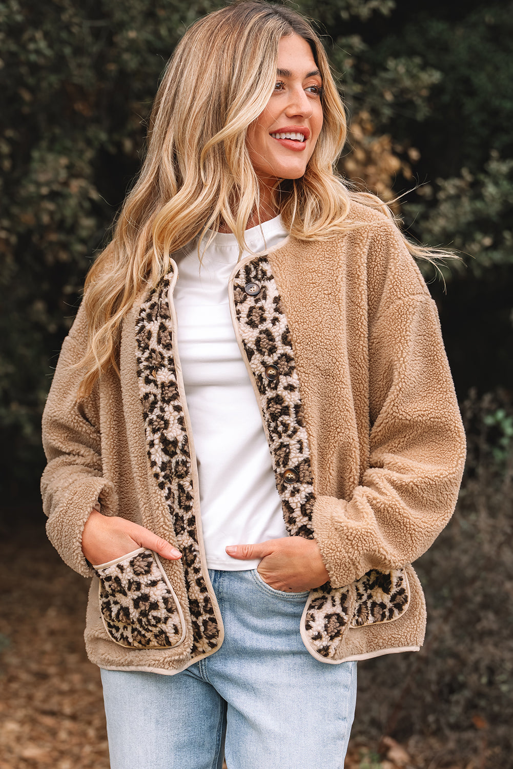 Casual Leopard Print Accent Plush Jacket with Pockets Main image