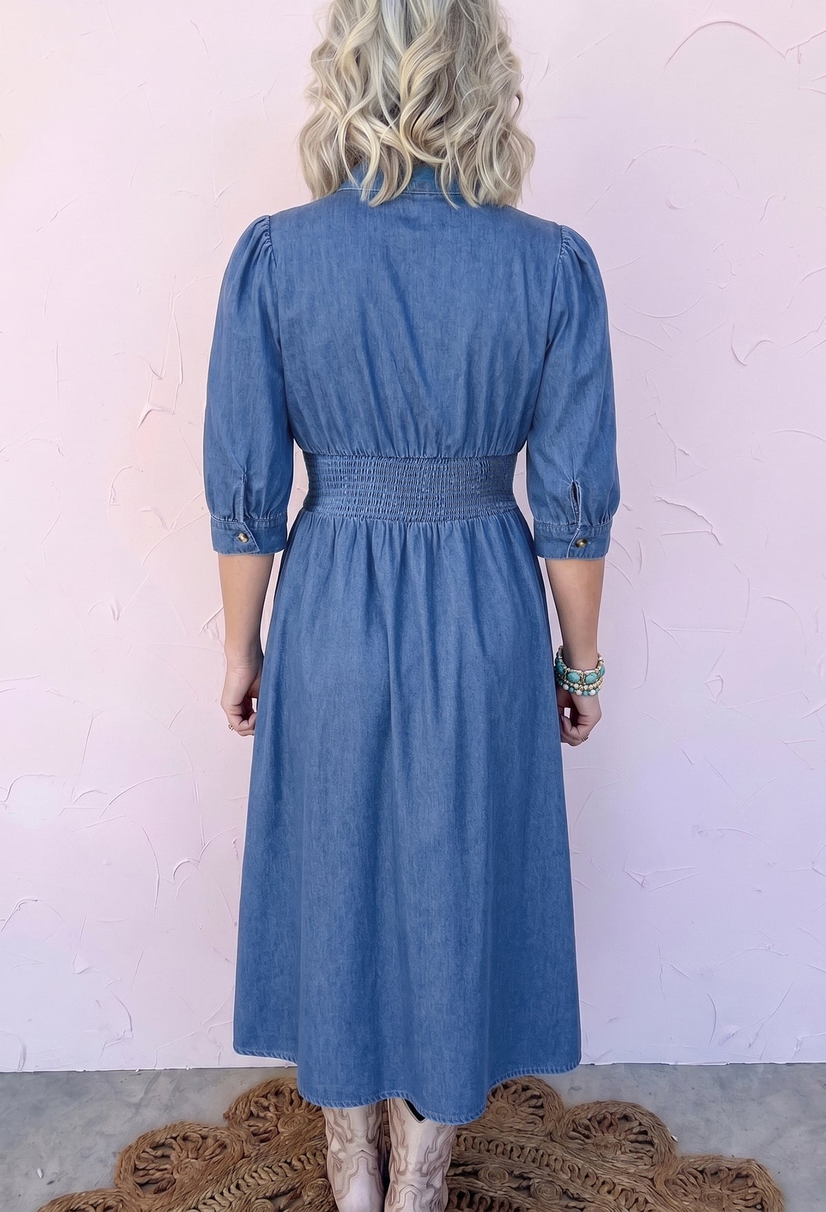 Blue 100% Cotton V Neck Shirred Waist Metal Zipper Denim Midi Dress