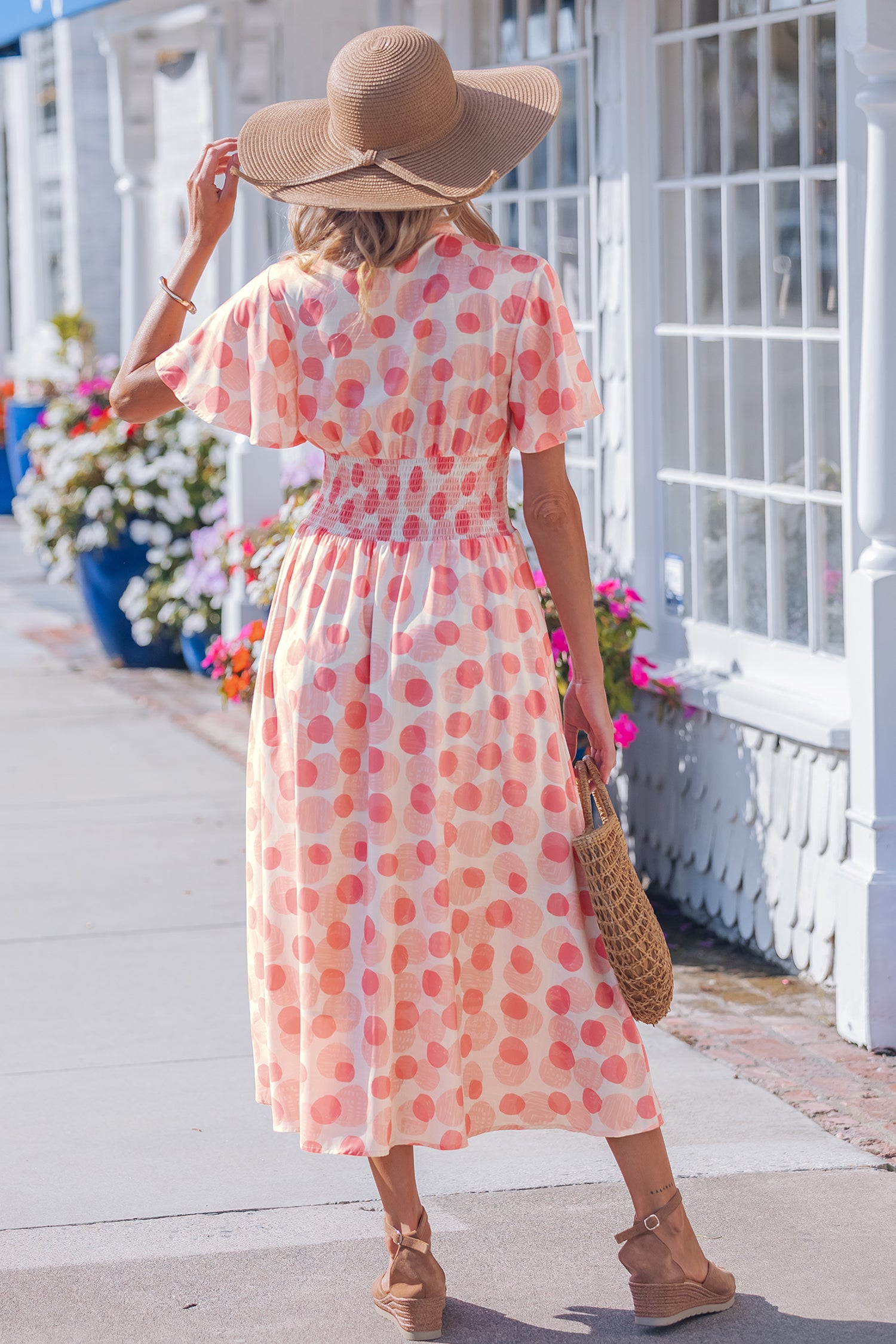 Pink Polka Dot Printed Ruffle Short Sleeve Zip Up Long Dress Secondary image
