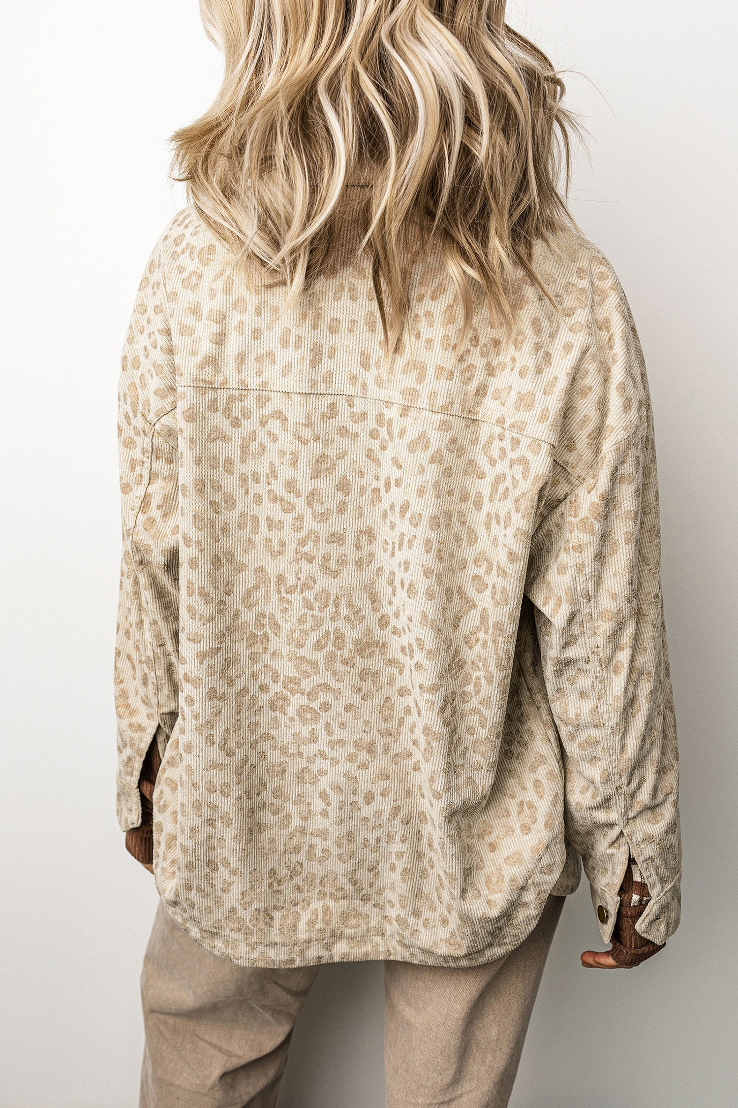 Khaki Leopard Print Corduroy Shirt Collar Long Sleeve Regular Fit Jacket Secondary image