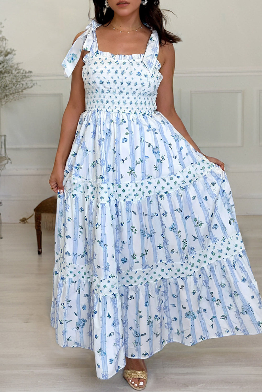 Sky Blue Floral Smocked Tied Straps A-Lined Tiered Maxi Dress Secondary image