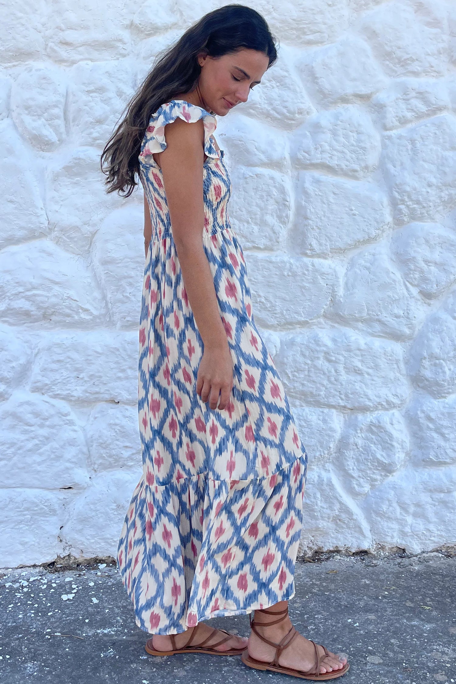 Sky Blue Ethnic Geometric Print Square Neck Smocked High Waist Ruffle Sleeve Dress Secondary image