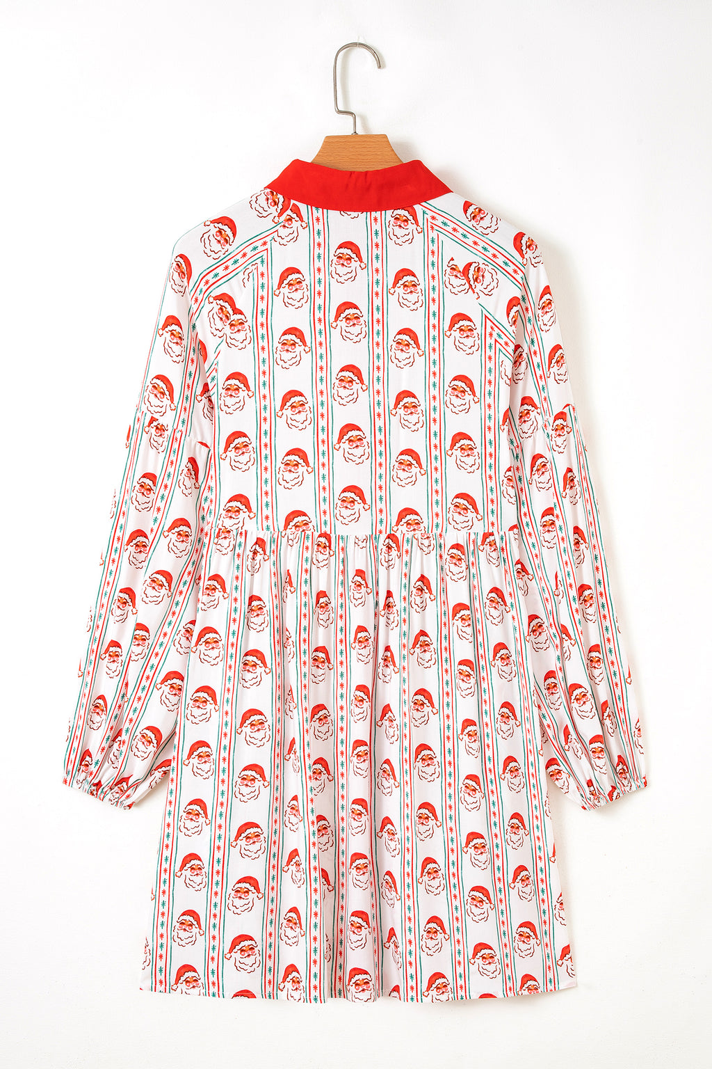 White Father Christmas Contrast Collar Button Front Long Sleeve A-line Mini Dress