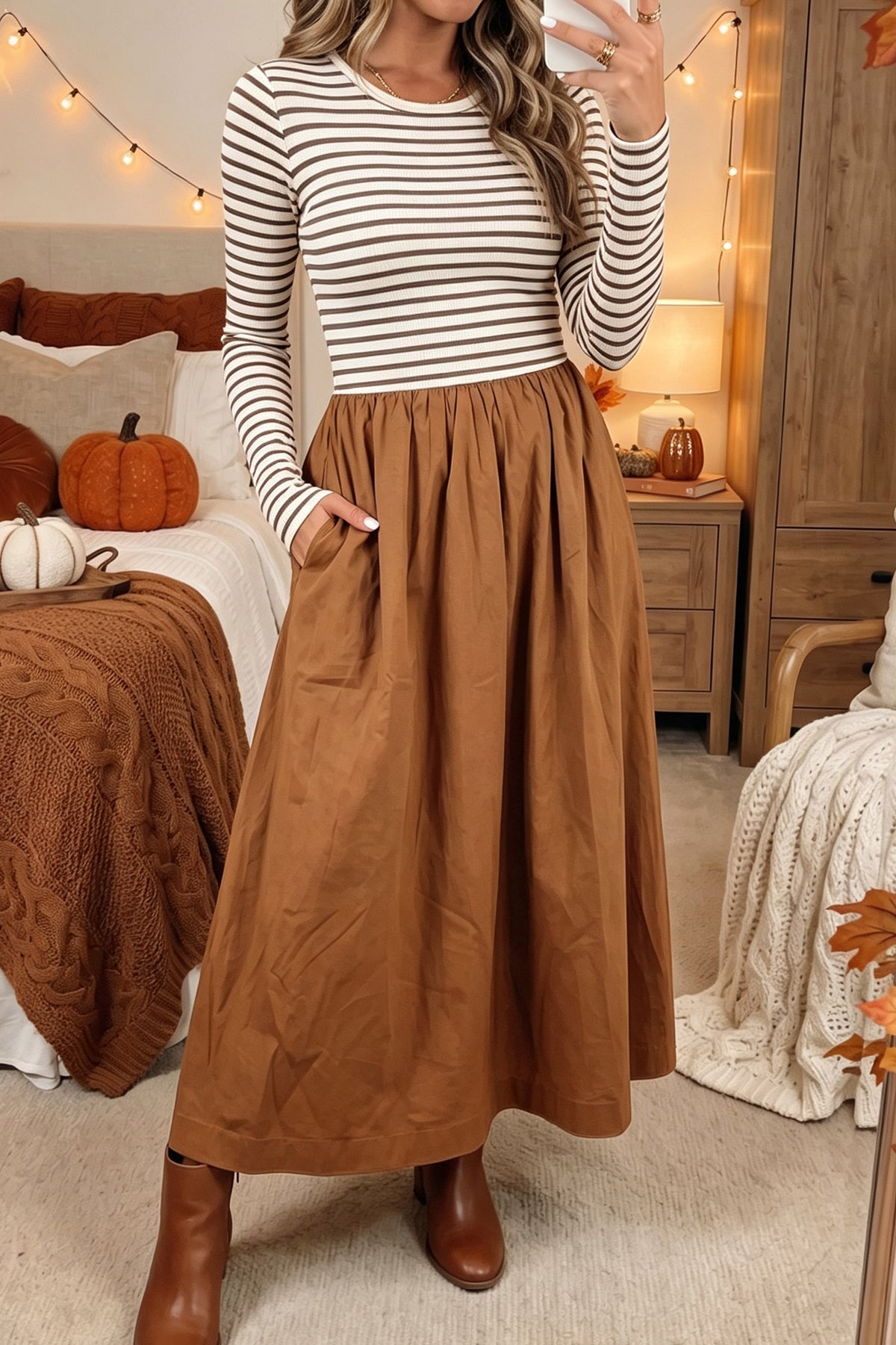 Brown Stripe Ribbed Knit Long Sleeve Bodice Contrast Patchwork Flared Dress Main image