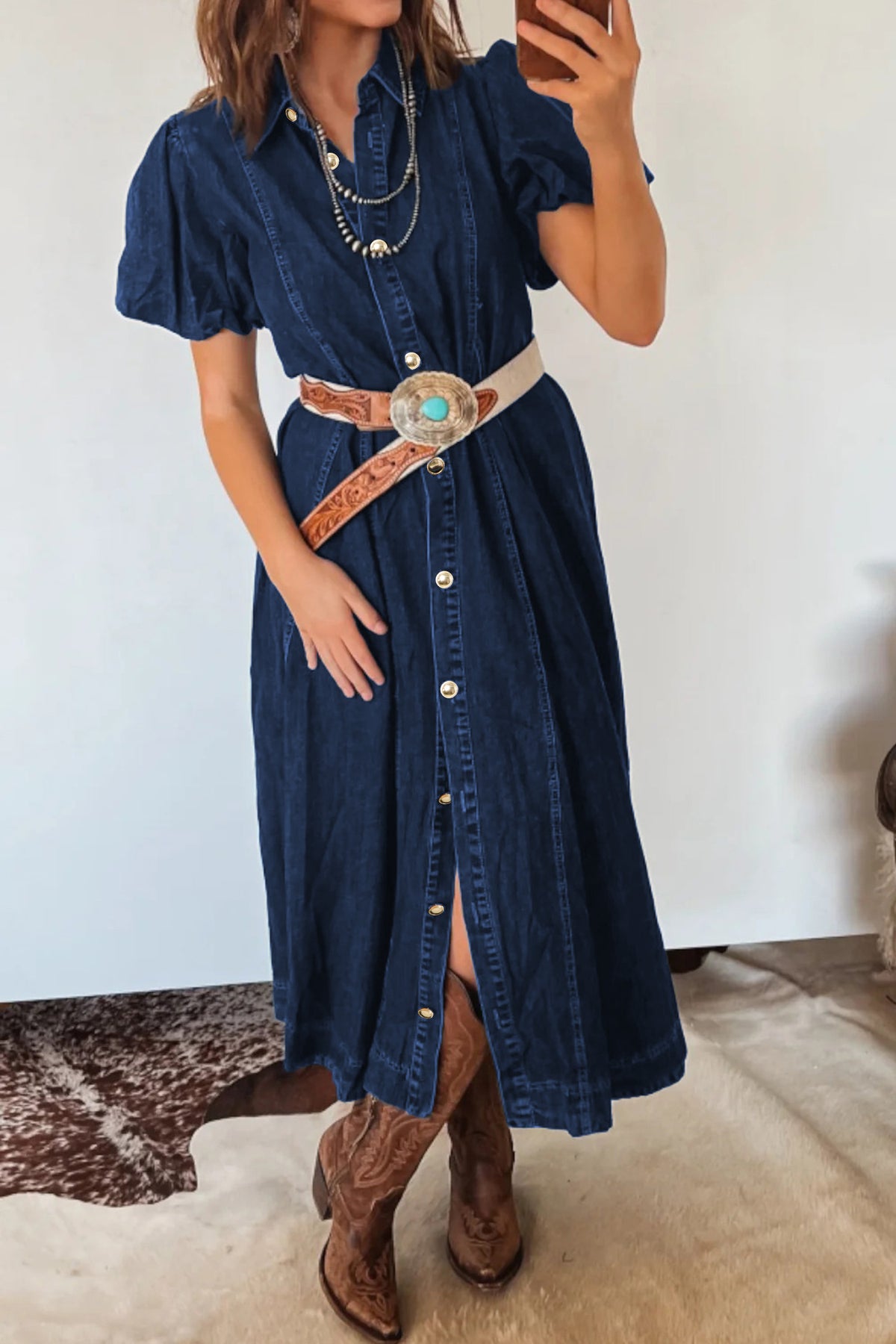 Sail Blue 100% Cotton Full Buttons Collared Short Bubble Sleeve Long Denim Dress Main image