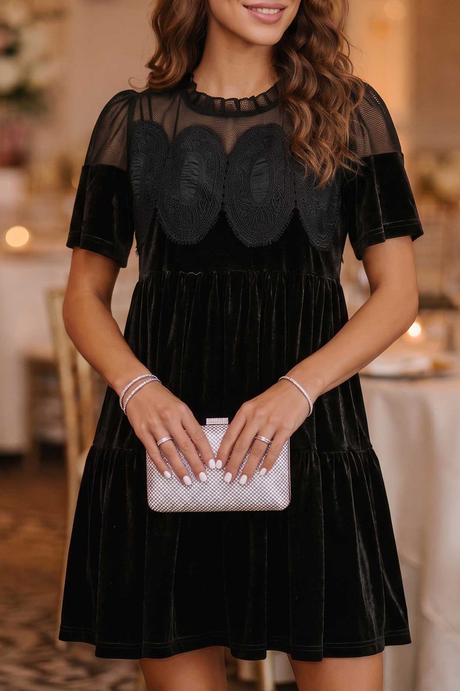 Black Embroidered Velvet Short Sleeve Mini Shift Dress Secondary image