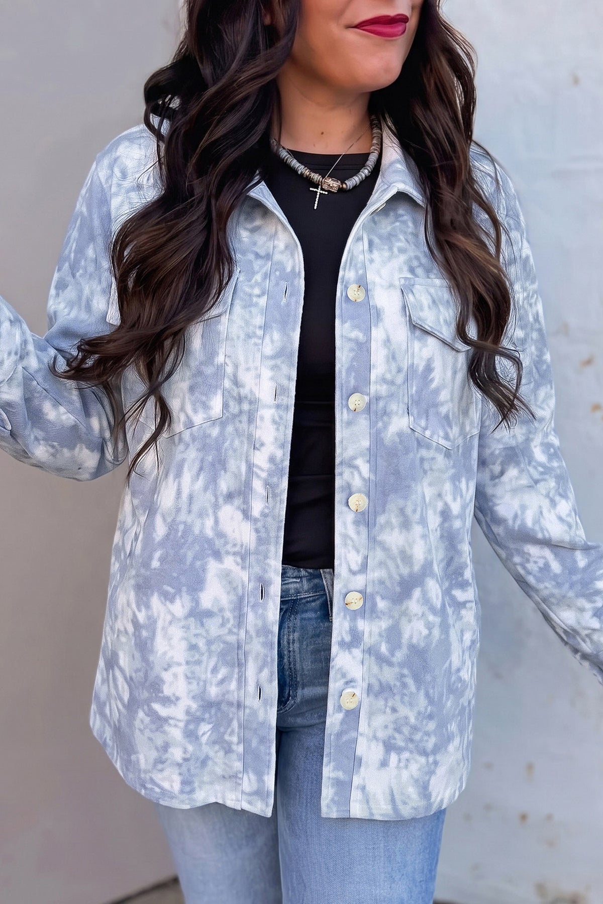 Gray Abstract Print Fuzzy Collar Long Sleeve Patch Pocket Tunic Jacket Main image