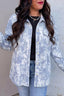 Gray Abstract Print Fuzzy Collar Long Sleeve Patch Pocket Tunic Jacket