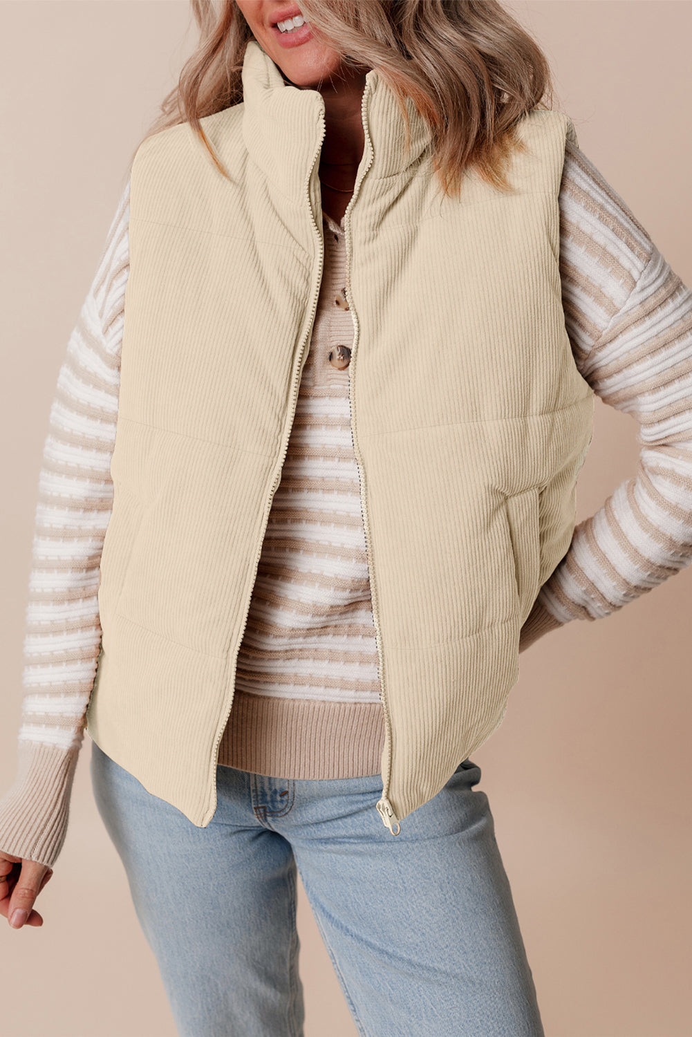 Beige Corduroy Stand Neck Zipped Puffer Vest Main image