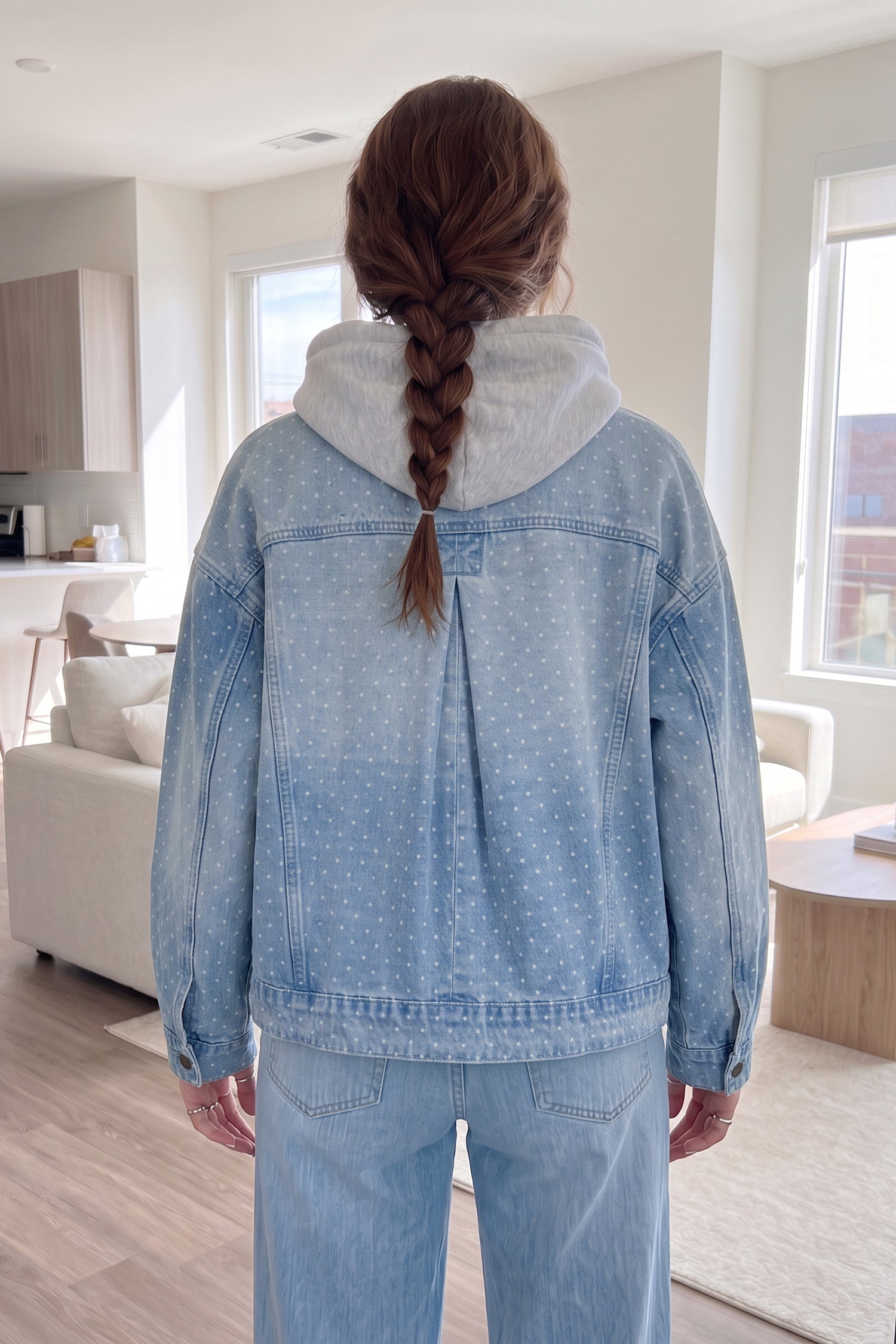 Sky Blue Polka Dot Long Sleeve Collar Pocket Casual Shift Silhouette Denim Jacket Secondary image
