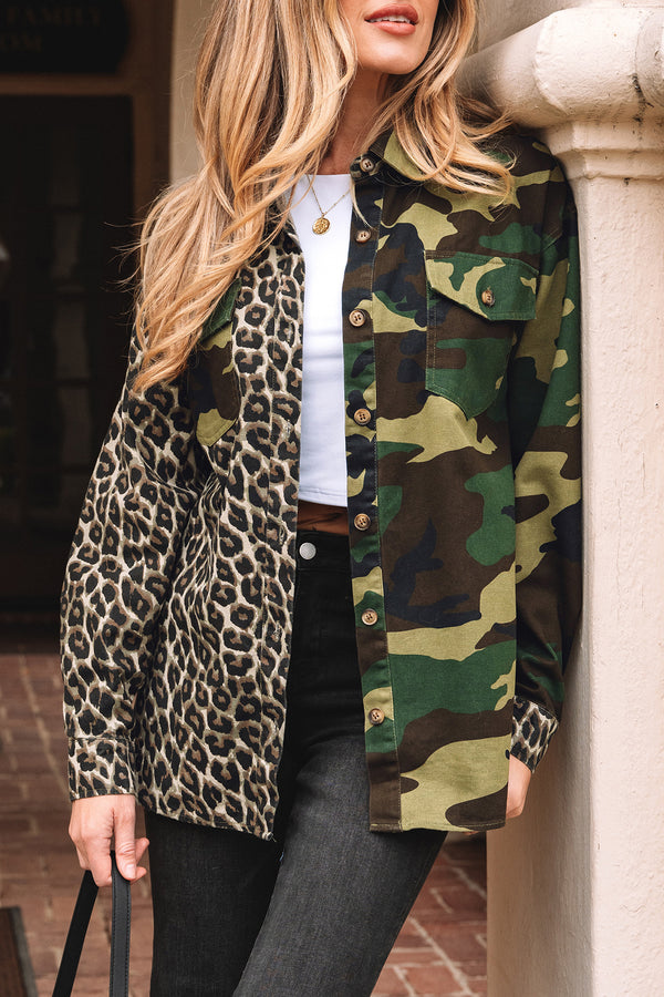 Brown 100% Cotton Leopard Camo Patchwork Oversize Shacket