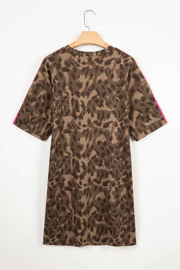 Brown Loose Contrast Striped Accent Leopard T Shirt Mini Dress with Pockets