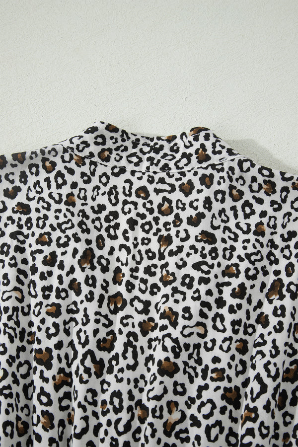 Beige Leopard Zip Front V Neck Cinched Waist Sleeveless Maxi Dress