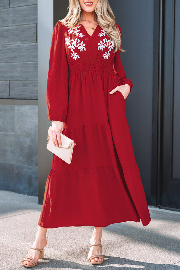 Racing Red Contrast Embroidered Detail Cinched Waist Tiered Long Sleeve Maxi Dress