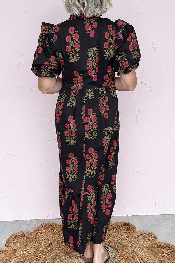 Beige Floral Short Bubble Sleeve Tiered Maxi Dress