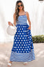 Blue Striped Polka Dot Patchwork High Waist Spaghetti Straps Maxi Dress