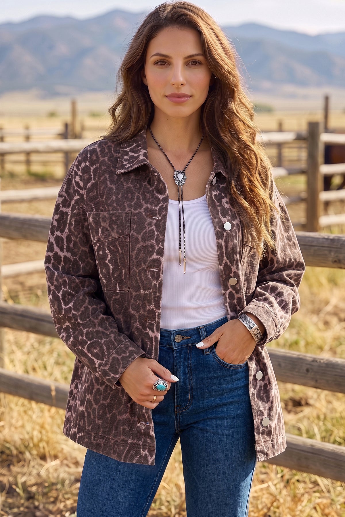 Khaki 100% Cotton Oversized Leopard Print Long Sleeve Patch Pocket Denim Jacket