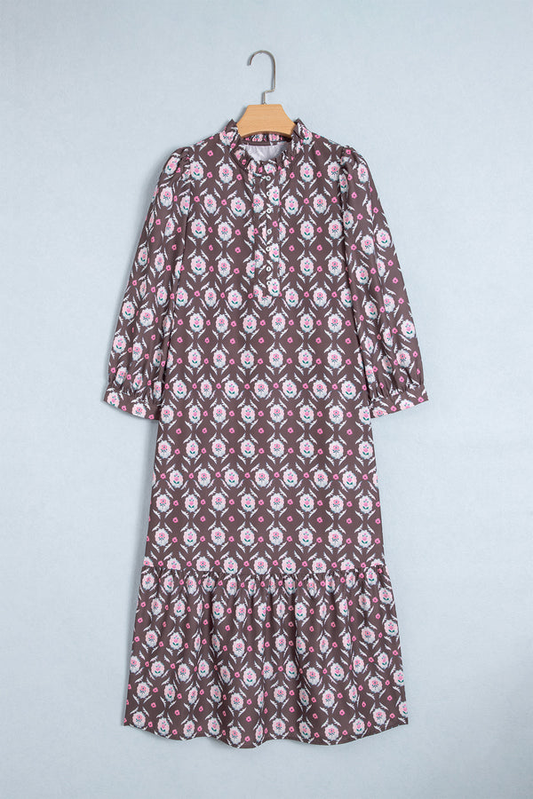 Brown Floral Print Button Front Ruffle Hem Midi Dress