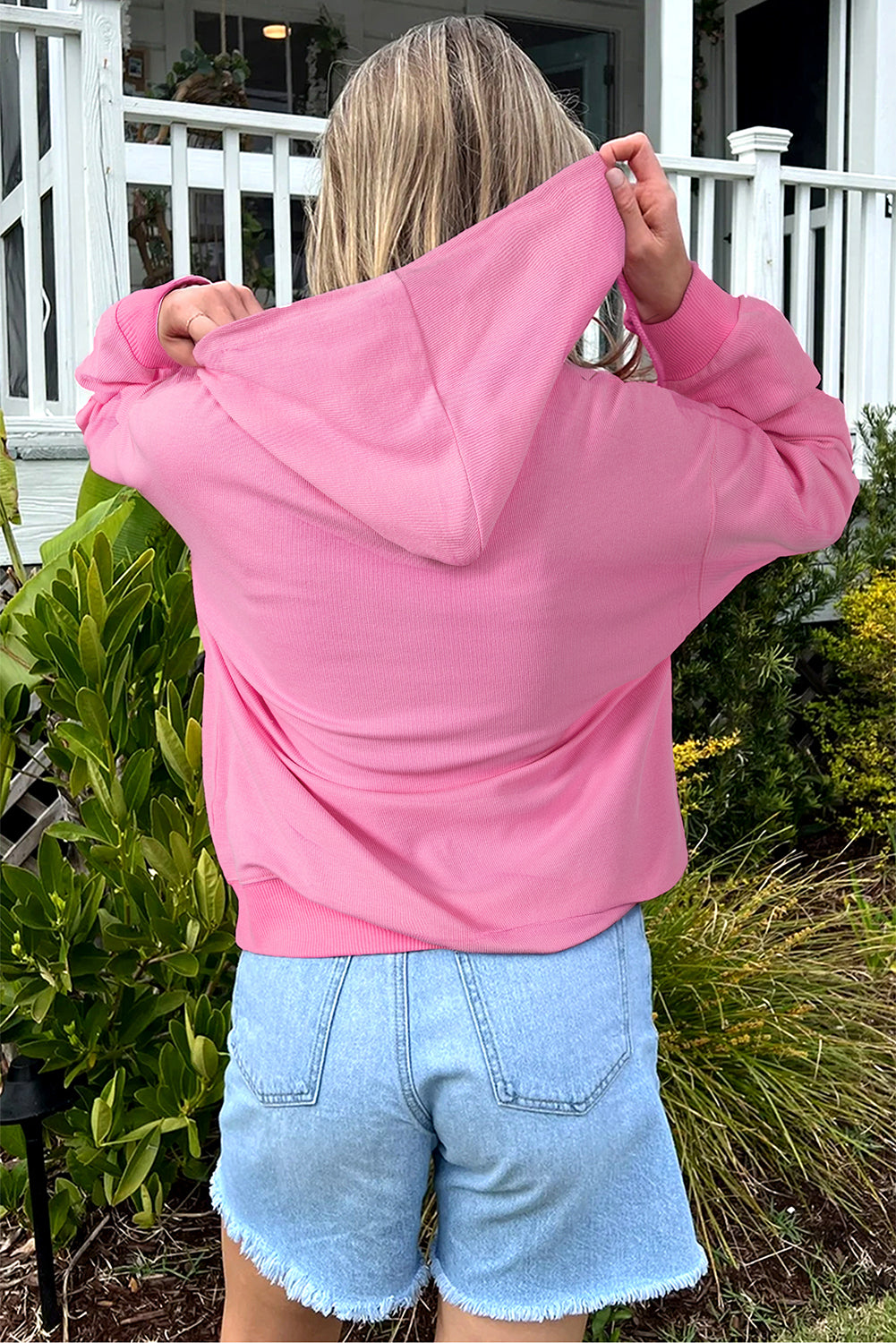 Sachet Pink Solid Color Ribbed Zip Up Drawstring Hooded Jacket Secondary image