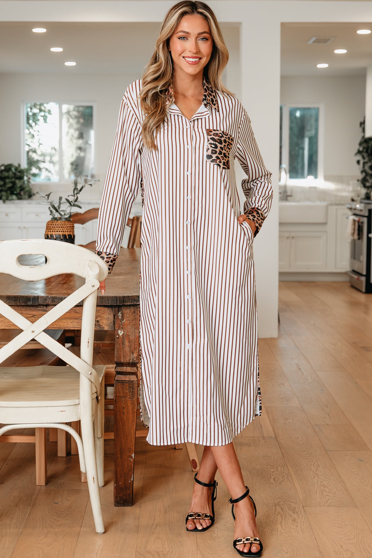 Brown Stripe Contrast Leopard Patchwork Long Shirt Dress with Slits Main image