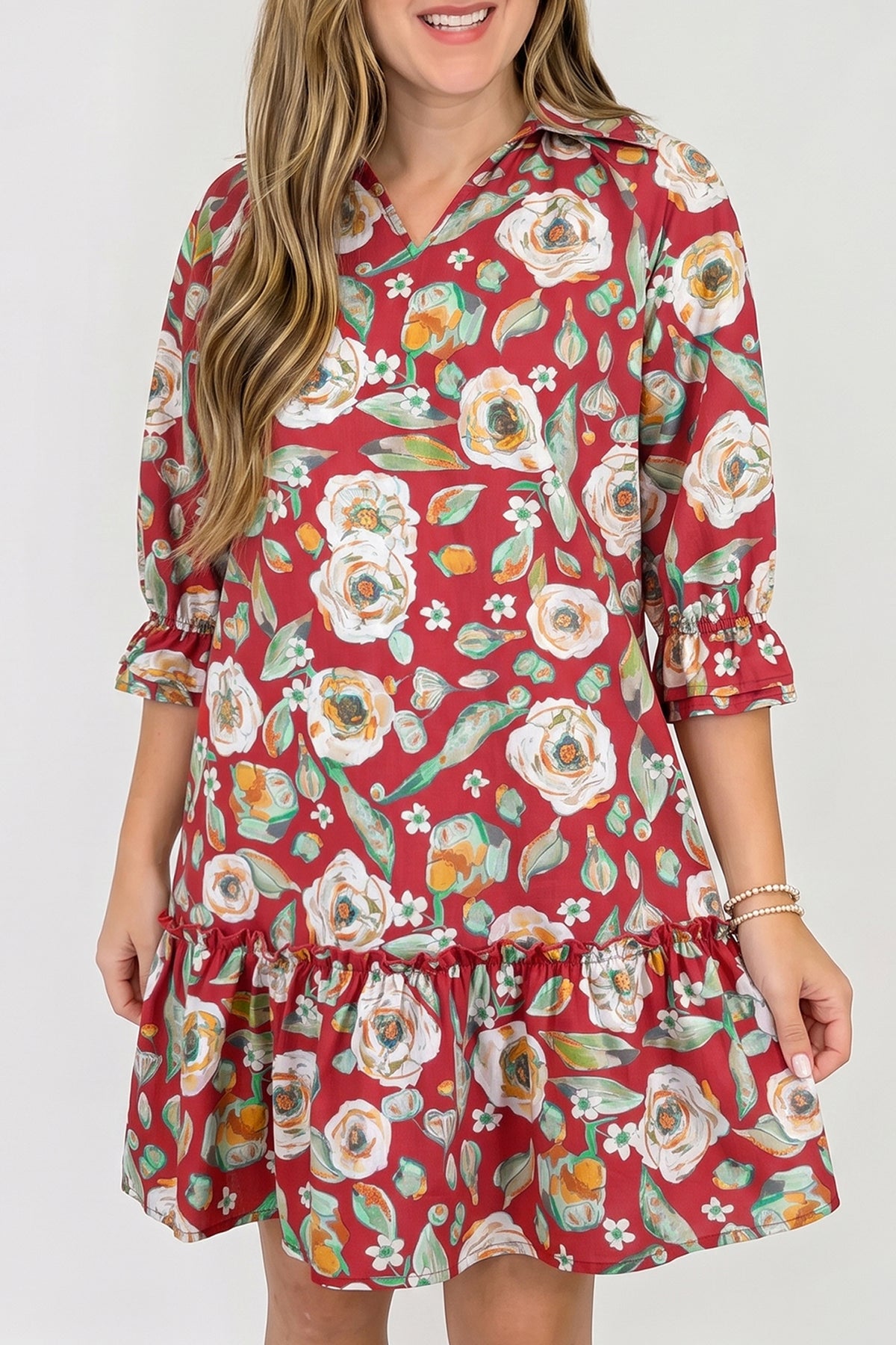 Red 100% Cotton Floral Print Half Sleeve Short Shift Dress Main image