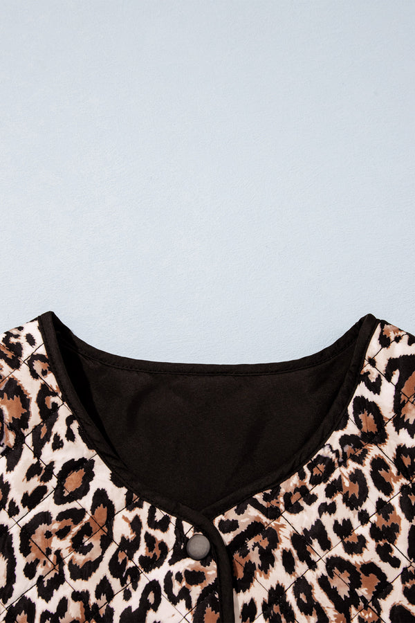 Brown Leopard Print Quilted Button Front Patch Pockets Jacket