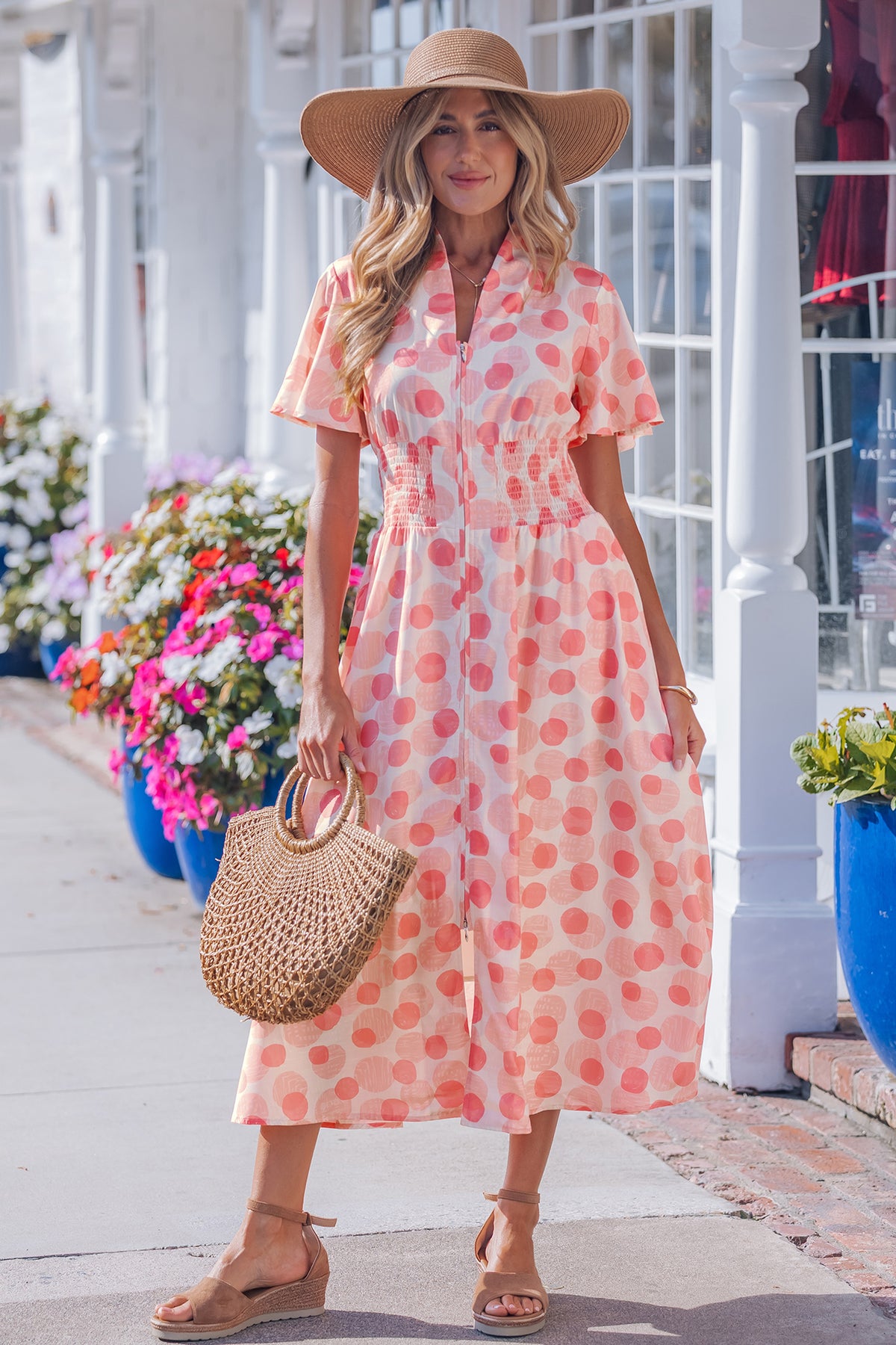 Pink Polka Dot Printed Ruffle Short Sleeve Zip Up Long Dress Main image