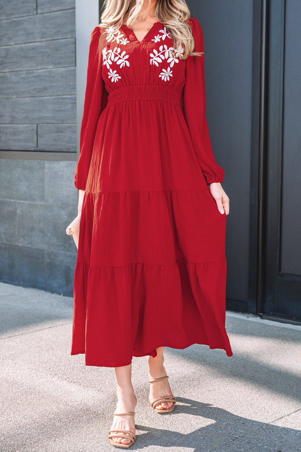 Racing Red Contrast Embroidered Detail Cinched Waist Tiered Long Sleeve Maxi Dress