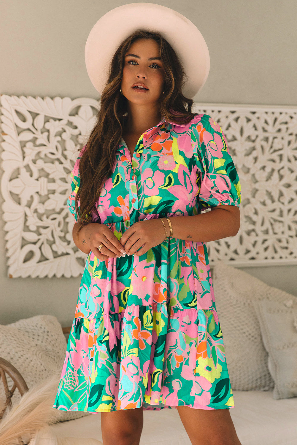 Green Floral Puff Sleeve Collar Buttoned Babydoll Dress Main image