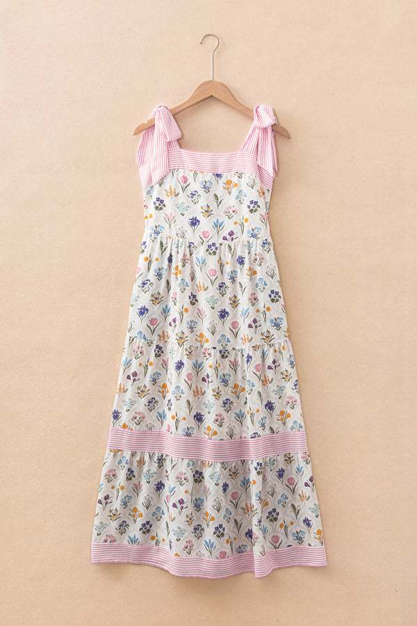Multicolour Floral Print Striped Detail Knot Straps Maxi Dress