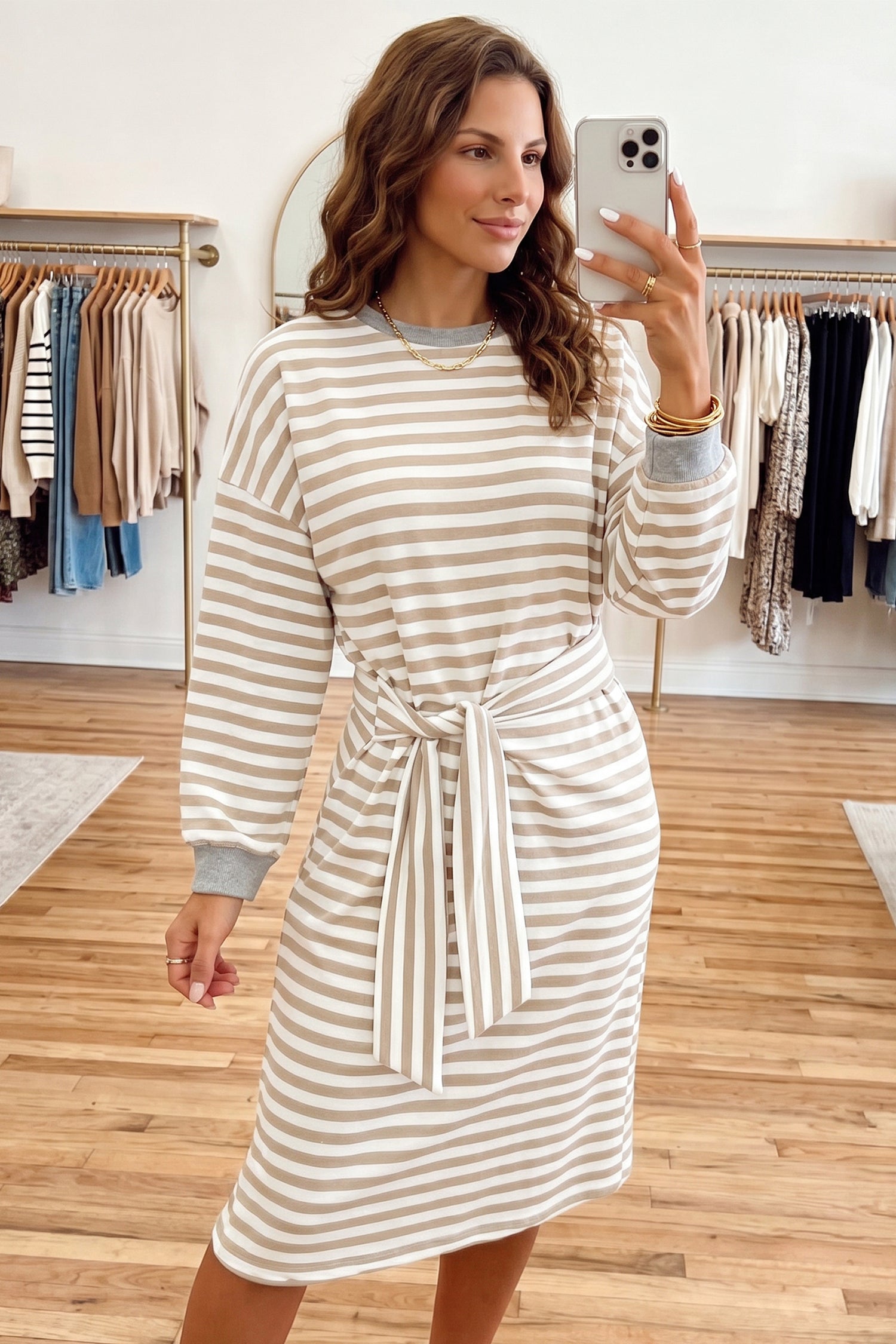 Khaki Stripe Striped Colorblock Cuffs Round Neck Long Sleeve Shift Dress Secondary image