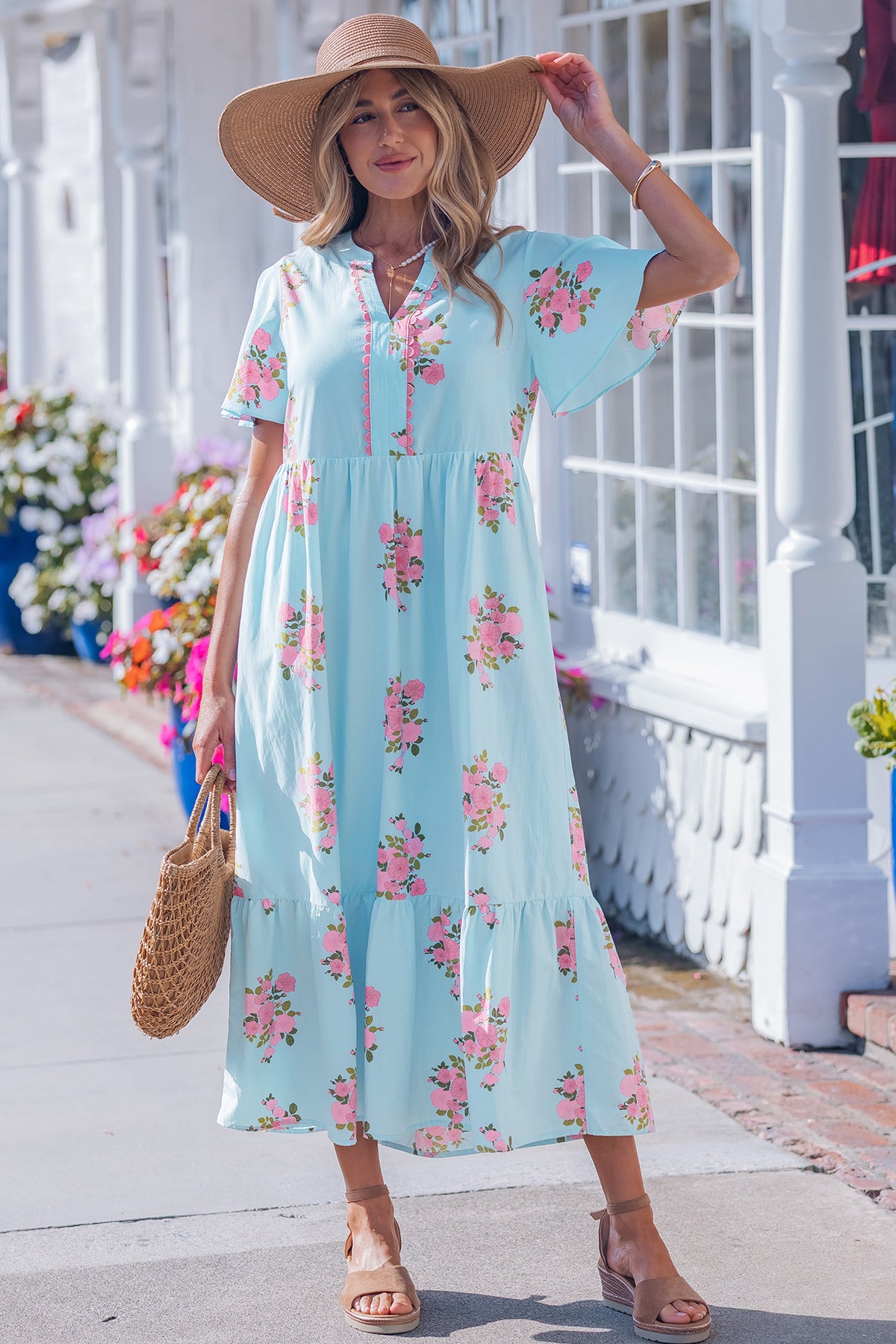 Sky Blue Notched Neck Flutter Short Sleeve Floral Print Maxi Dress Main image