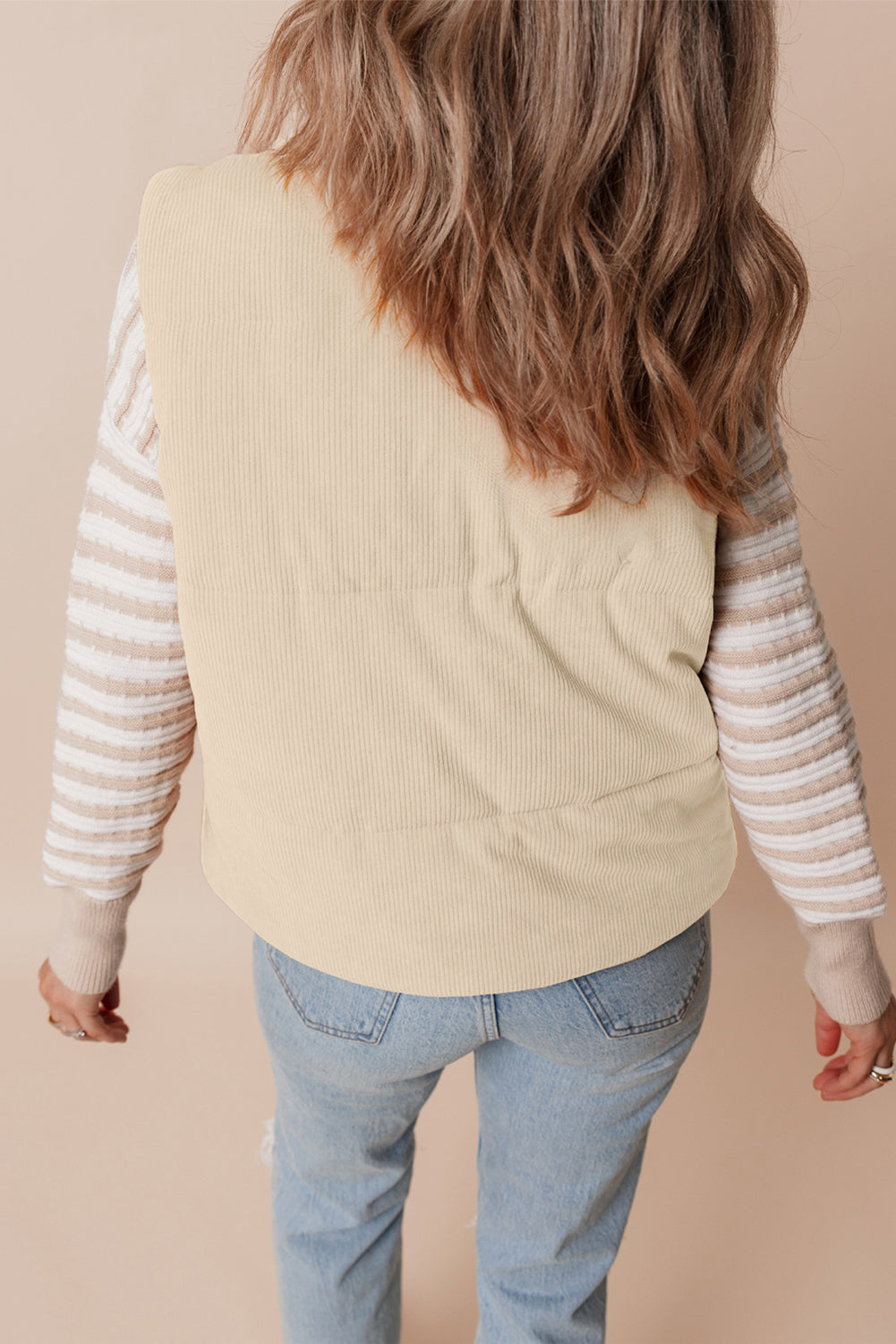 Beige Corduroy Stand Neck Zipped Puffer Vest Secondary image