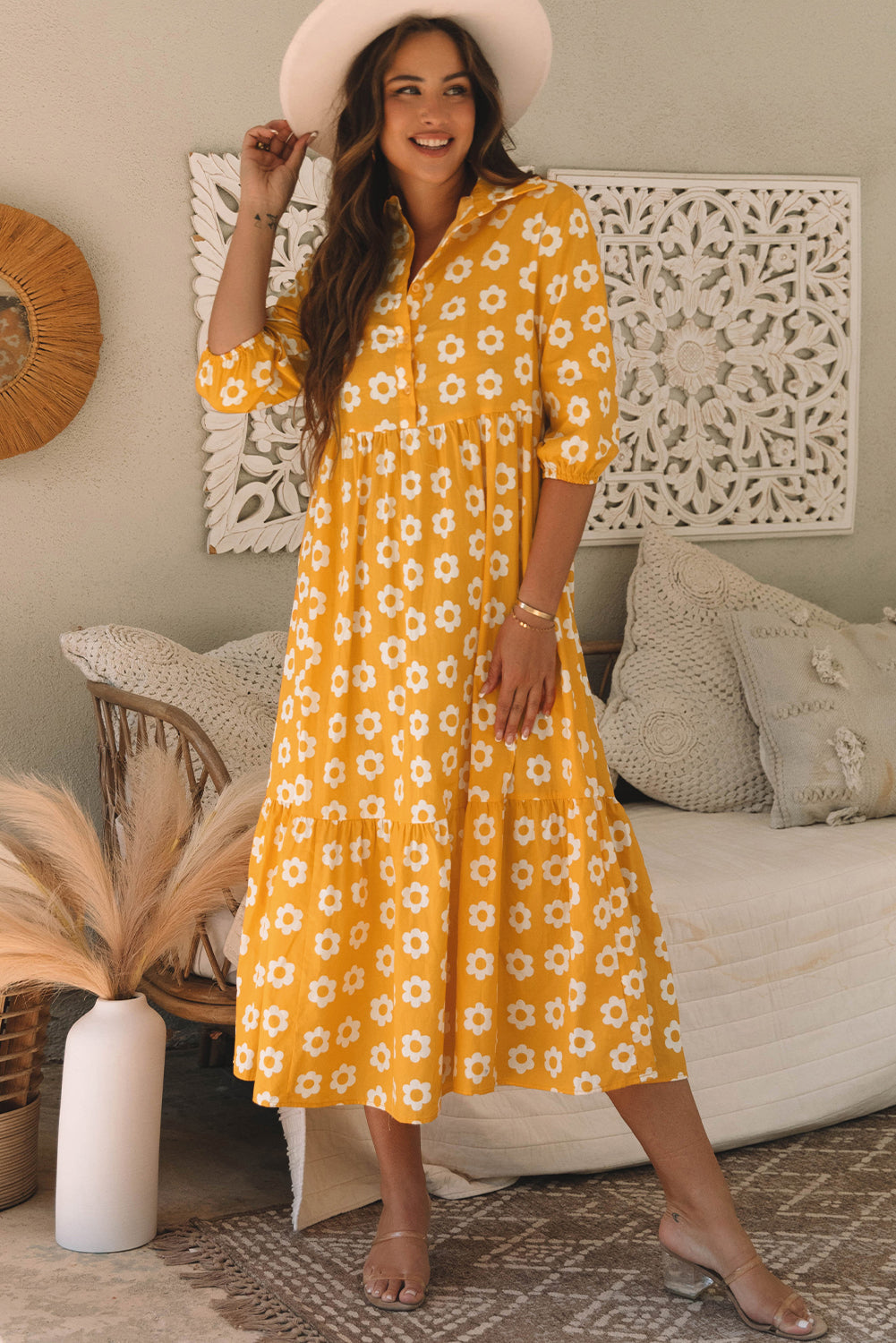 Yellow 100% Cotton Flower Print Bracelet Sleeve Buttons Collared Maxi Dress