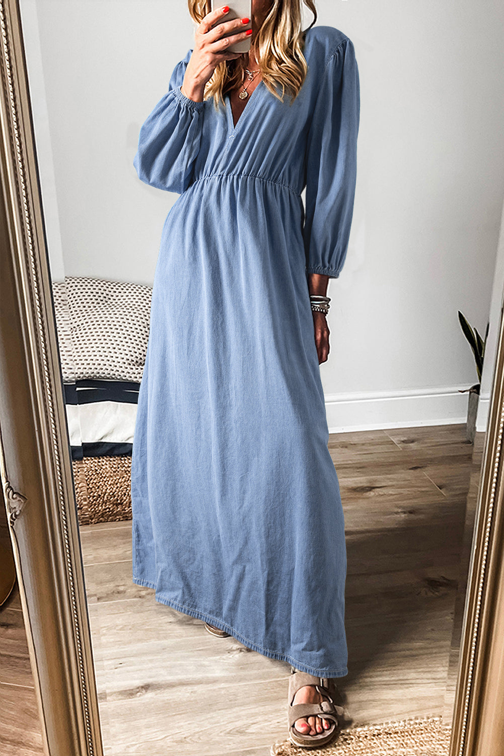 Myosotis 100% Cotton Chambray Deep V Neck Bracelet Sleeve Maxi Dress Main image