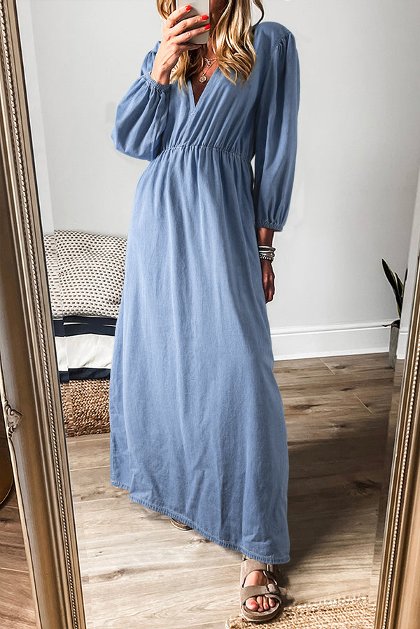 Myosotis 100% Cotton Chambray Deep V Neck Bracelet Sleeve Maxi Dress